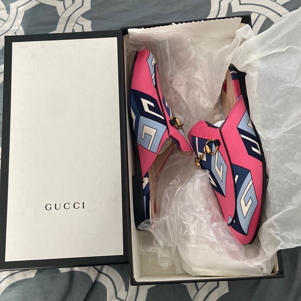 Satin GG Wallpaper Womens Princetown Slippers size 36 EUR Pink Flambe Blue.